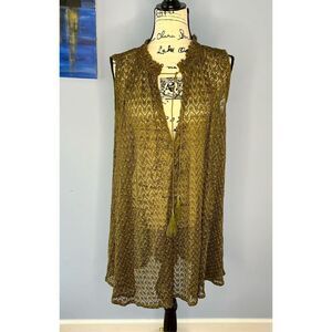Miss Me Women's Large Metallic Gold Retro Ruffled Sheer Top Cardigan Sleeveless